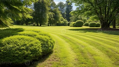 Ai Generative Beautiful Manicured Lawn And Flowerbed With Deciduous
