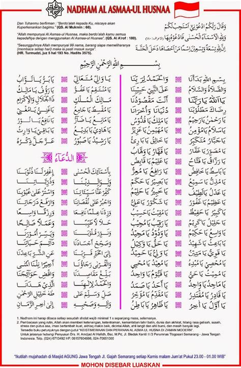 Asma berarti nama (penyebutan) dan husna berarti yang baik atau yang indah, jadi asmaulhusna adalah nama nama milik allah yang baik lagi indah. 447: NADHOM ASMAUL HUSNA