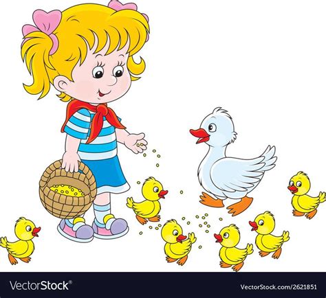 Girl Feeding Ducklings Vector Image On Vectorstock In 2020 Ducklings