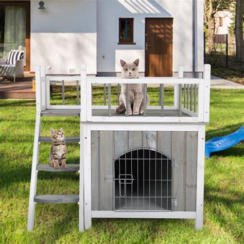 Lncdis 2 Story Outdoor Weatherproof Wooden Cat House Condo Shelter With