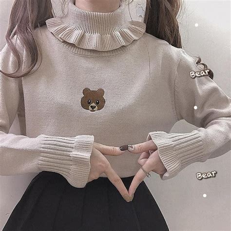 Cute Bear Knit Sweater Se20646 Kawaii Clothes Girls Turtleneck Kawaii Fashion Outfits
