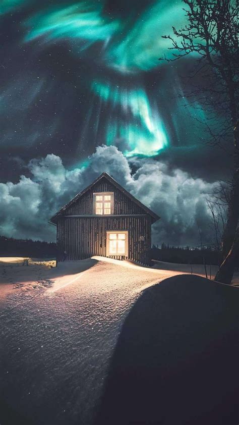 Beautiful Dreamy Night Winter Cabin Iphone Wallpaper Landscape