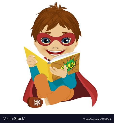 Little Boy Dressed As A Superhero Reading Book Vector Image