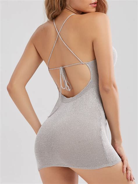 [17 Off] 2021 Knit Sheer Backless Criss Cross Sparkly Mini Dress In Light Gray Dresslily