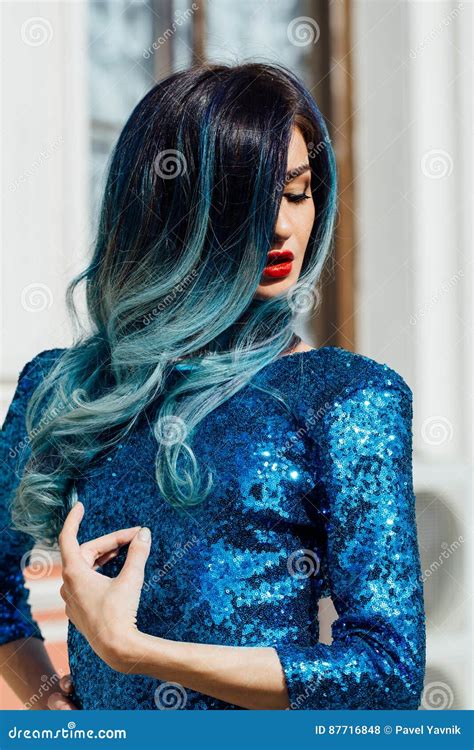 Fashion Portrait Of Gorgeous Girl With Blue Dyed Hair Long The