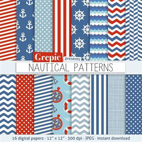 Nautical Digital Paper Pack With Red White And Blue Patterns