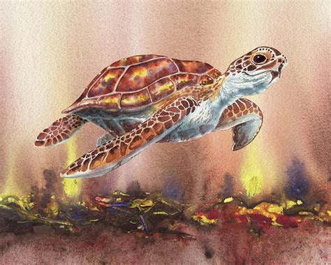 Giant Turtle Under The Sea Watercolor Painting By Irina Sztukowski