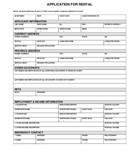Sample Rental Application Template Business