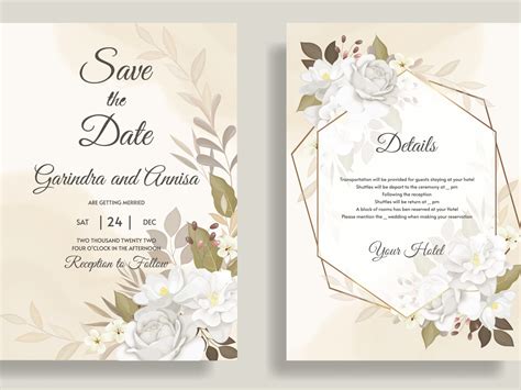 Elegant Wedding Invitation Card Template Set With Beautiful Whi By