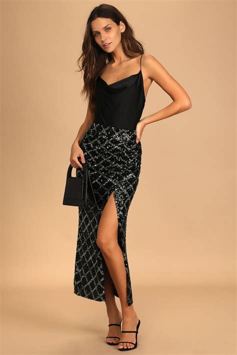Black Sequin Skirt Sequin Midi Skirt Ruched Sequin Skirt Lulus
