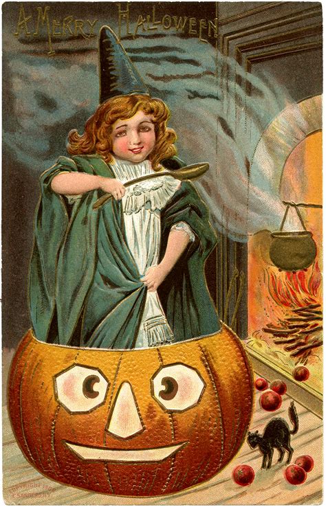 Vintage Halloween Picture Cute Witch With Pumpkin The