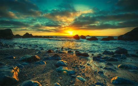 Wallpaper Sunlight Sunset Sea Bay Nature Shore Stones Clouds