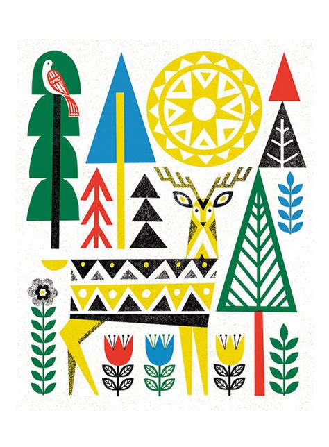 Folk Deer 2 Scandinavian Folk Art Graphic Art Mid Century Modern