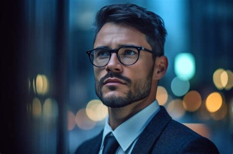 Premium Ai Image A Man In A Suit And Glasses Stands In Front Of A Window With A City Background