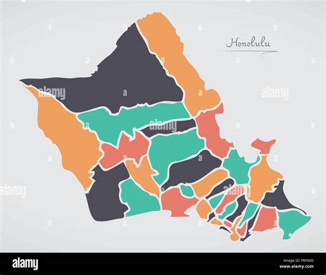 Honolulu Hawaii Map With Neighborhoods And Modern Round Shapes Stock