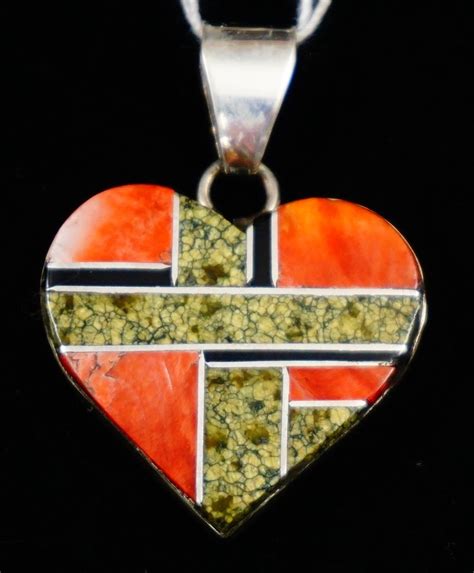 Item R Navajo Multi Stone Geometrical Inlay Heart Pendants By P