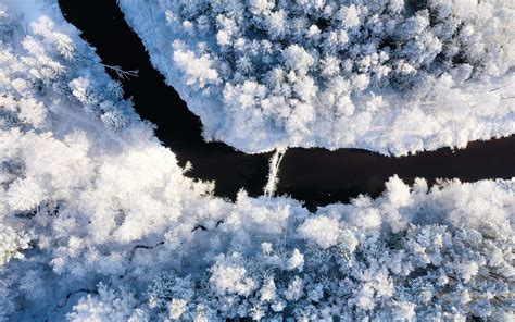 Download Wallpapers Winter Aerial View River Snowy Forest Beautiful