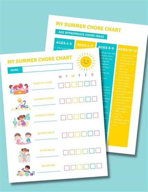 Summer Chore Charts For Ages 4 12 Free Printable