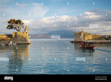 Amazing Sunset Of The Port Of Nafpaktos Town Western Greece Stock