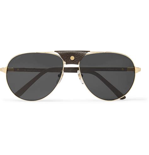 Cartier Aviator Style Leather Trimmed Gold Tone Sunglasses In Metallic