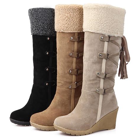Fashion Womens Winter Knee High Boots Shoes Lace Up Faux Suede Fleece