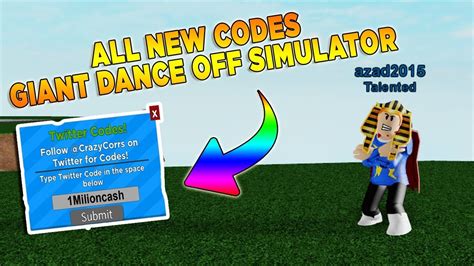 At the purpose when different players plan to usher in cash during the sport, these codes make it simple for you and you'll reach what you would like prior with leaving others your behind. SECRET ALL NEW CODES ROBLOX GIANT DANCE OFF SIMULATOR ...
