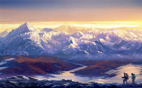 Paintings Mountains Landscapes Snow Horizon Streams Mountaineers