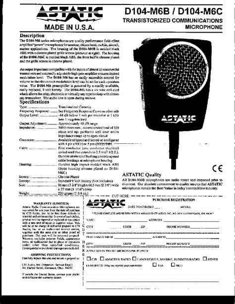 Astatic Microphone D104m6b Mb6c Inf Service Manual