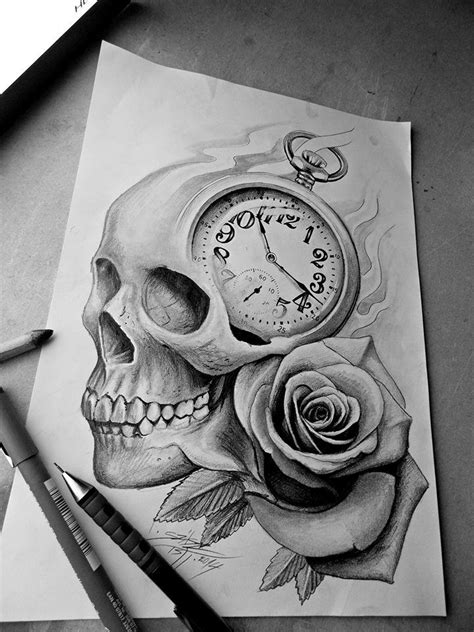 Skull Rose Clock Tattoo Design Clock Tattoo Design Drawing Skull