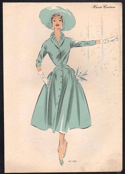 Original French 1950s Fashion Illustration Lithograph 1950s Fashion