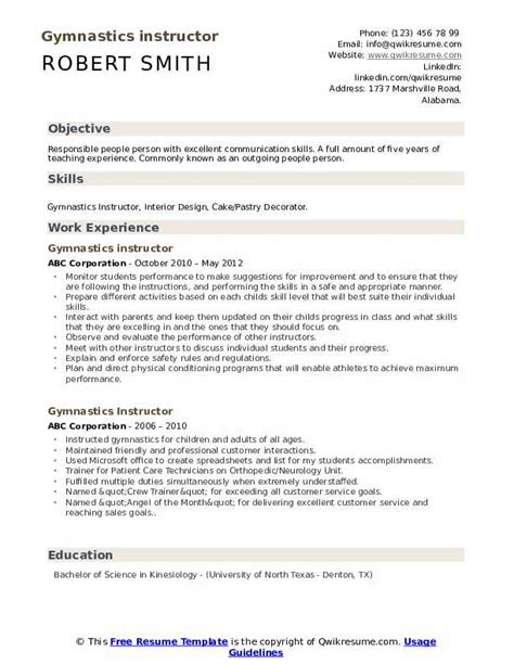 Gymnastics Instructor Resume Samples Qwikresume