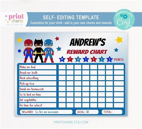 Superhero Boy Chore Chart For Kids Editable Template Toddler Etsy