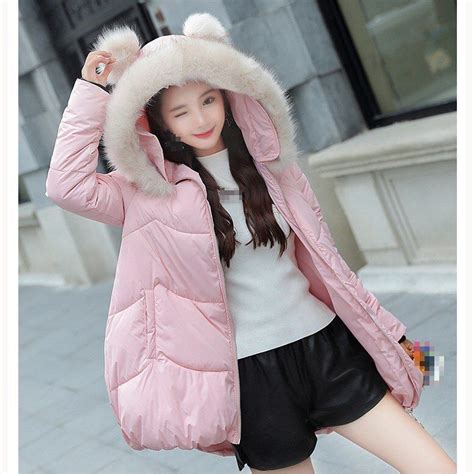 2018 winter girls women parka coat cute ear large fur hooded parka outwear female thick warm