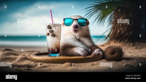 Weasel Is On Summer Vacation At Seaside Resort And Relaxing On Summer