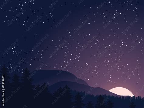 Starry Night Sky Sunset Dawn Sun Over The Mountains In Forest Vector