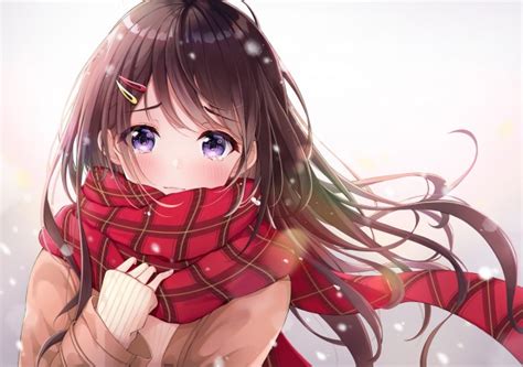 Download 1080x2310 Anime Girl Red Scarf Brown Hair Teary Eyes