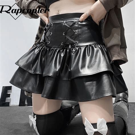 Jual Rapcopter Leather Pleated Skirts Y2k Goth Black Lace Up Mini