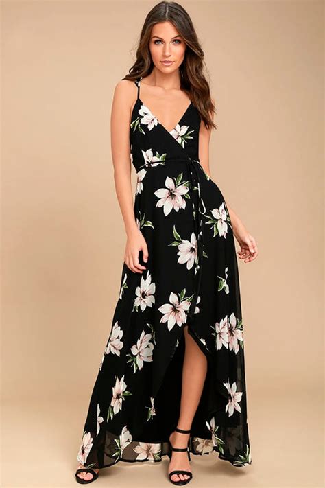 Lovely Black Floral Print Dress Wrap Dress High Low Dress