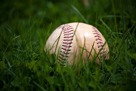 One Aged And Worn Baseball Sitting In The Green Grass Stock Image