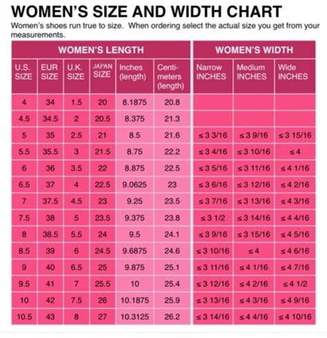 Womens Shoe Size Conversion Chart - US UK European and Japanese - Width ...
