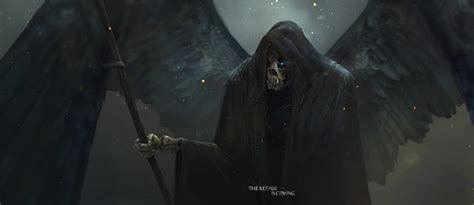 Grim Reaper Scythe Black Wings Feathers Blue Eye Skull Fantasy