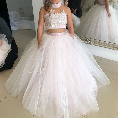 2018 Flower Girl Dresses For Weddings Ball Gown Halter Tulle Lace