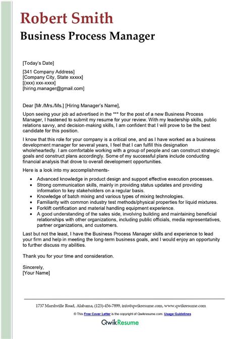 Business Process Manager Cover Letter Examples Qwikresume