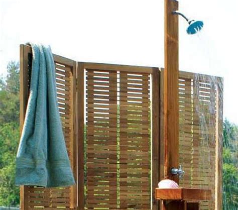 An Outdoor Shower Stall Made Of Teak Outdoor Shower Fixtures Outdoor Showers Summer Coolers