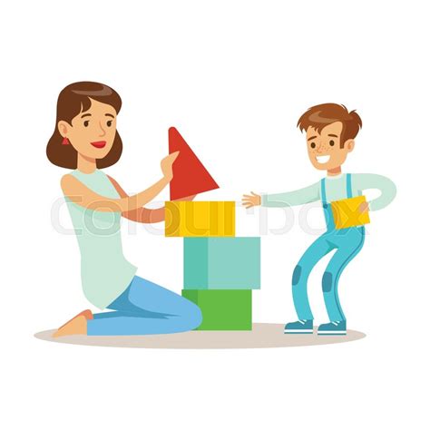 Mom Playing Blocks With Her Son Stock Vector