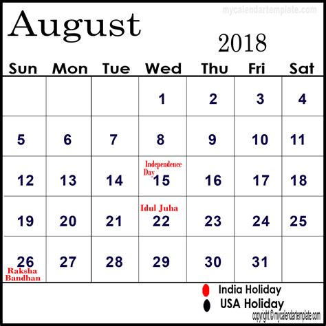 August 2018 Calendar With Holidays Uk Printable Year