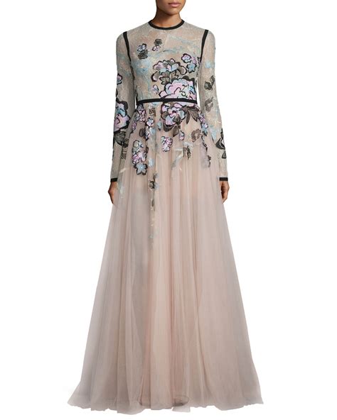 Elie Saab Floral Embroidered Long Sleeve Gown Blushmulti