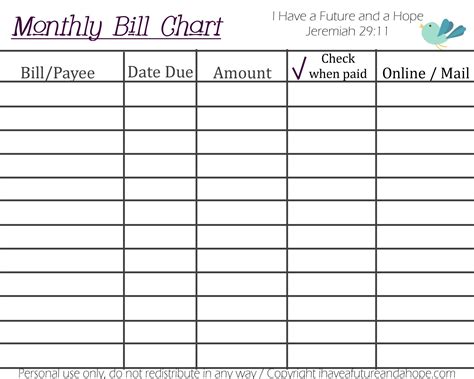 Free Printable Bill Chart Example Calendar Printable Gambaran
