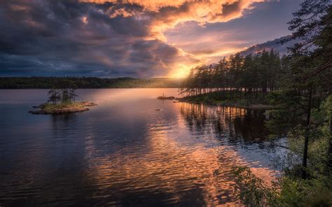 Wallpaper Norway Ringerike Island Trees Lake Sunset Clouds