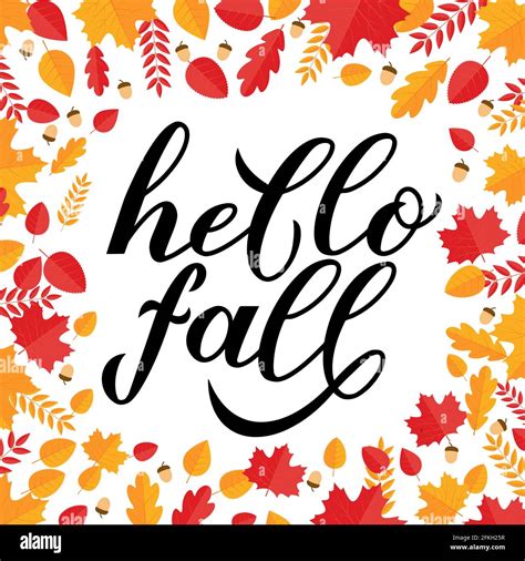 Hello Fall Calligraphy Hand Lettering In Frame Of Leaves And Acorns